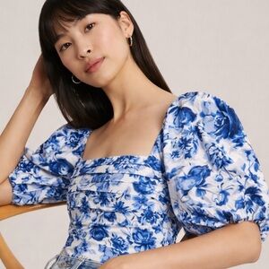 Abercrombie & Fitch Blue Floral Puff Sleeve Smocked Top | NWT | L corset style